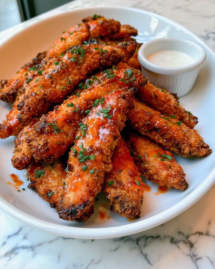 Plated chicken tenders covered in a shiny red glaze, garnished with chopped chives, and served next to a side of dipping sauce