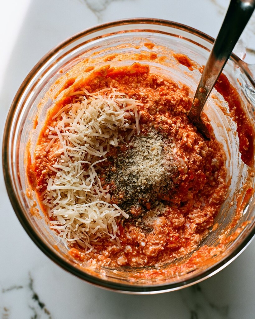 Glass bowl containing a thick red marinara base topped with shredded cheese and spices