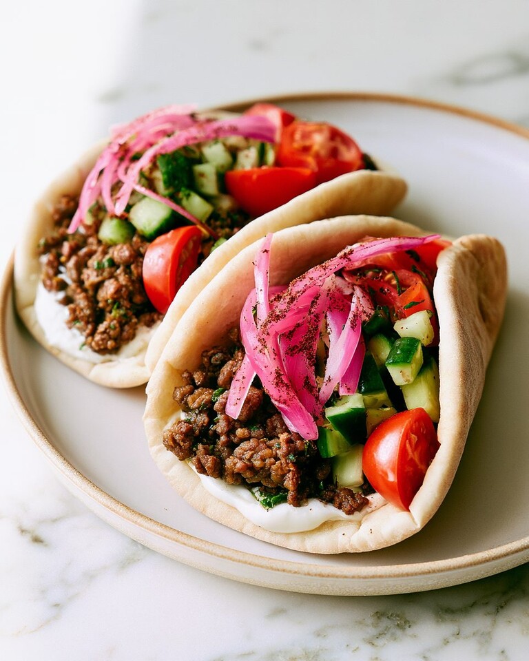 20-Minute Kofta-Spiced Ground Beef Pitas A warm pita pocket overflowing with spiced ground beef, diced cucumbers, tomatoes, and bright pink sumac onions on a ceramic plate