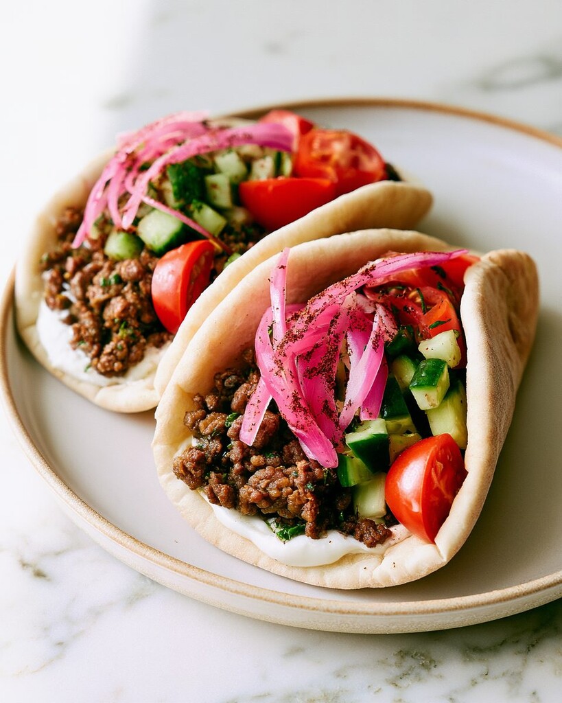 A warm pita pocket overflowing with spiced ground beef, diced cucumbers, tomatoes, and bright pink sumac onions on a ceramic plate