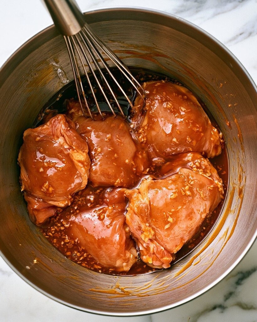 Boneless chicken thighs coated in a dark brown marinade inside a metal bowl with grated garlic visible