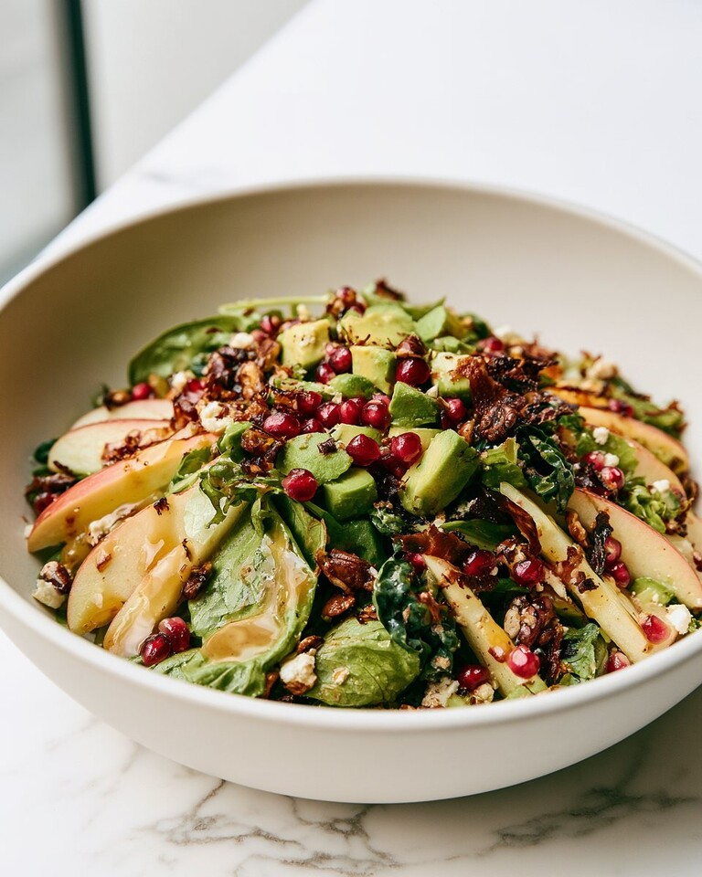 Honeycrisp Apple and Feta Salad Honeycrisp apple and feta salad ready to serve in a wide bowl with avocado, pomegranate, and crunchy nuts