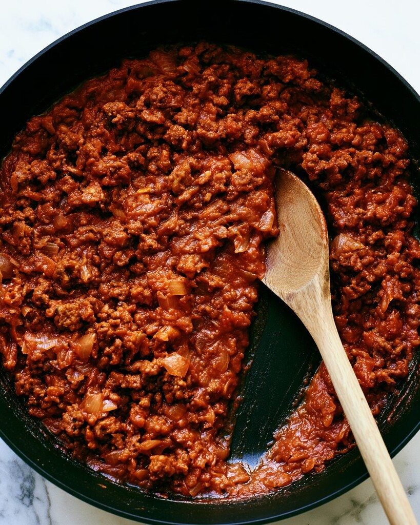 Thick Italian sausage meat sauce simmering in a black skillet with visible diced onions