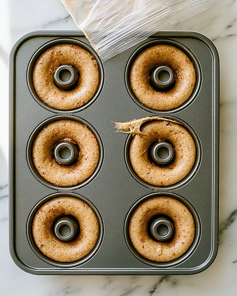 Puffed golden baked apple cider doughnuts sitting in a six-cavity metal pan