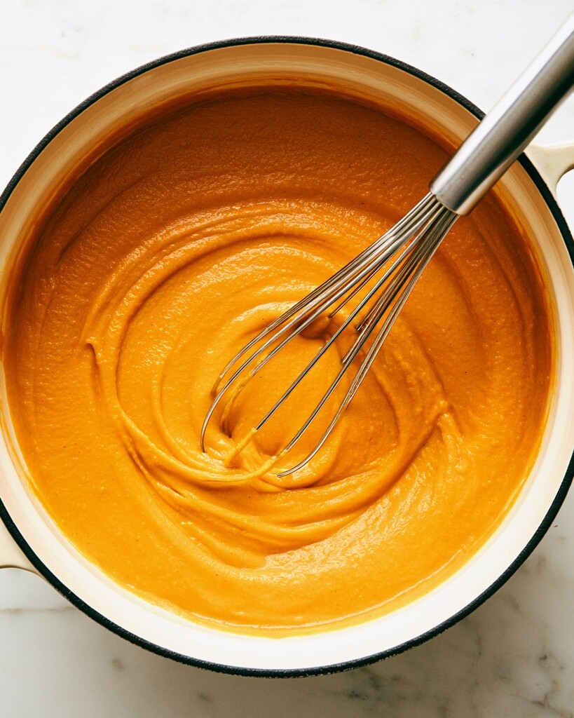 Pale orange pumpkin mixture in a wide baking dish before roasting
