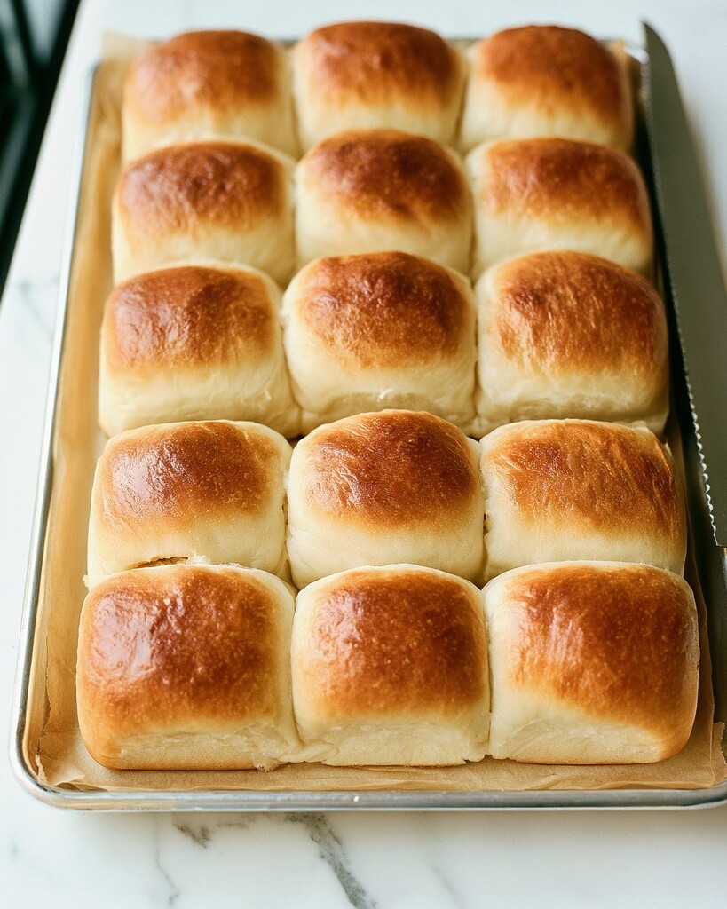 Hawaiian sweet rolls arranged closely in an intact sheet on a parchment-lined baking sheet.