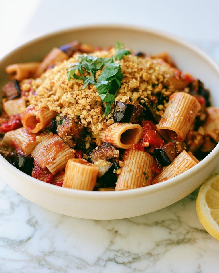 Roasted Eggplant Pasta with Crispy Garlic Breadcrumbs Roasted eggplant pasta in a light bowl topped with golden garlic breadcrumbs and fresh torn basil
