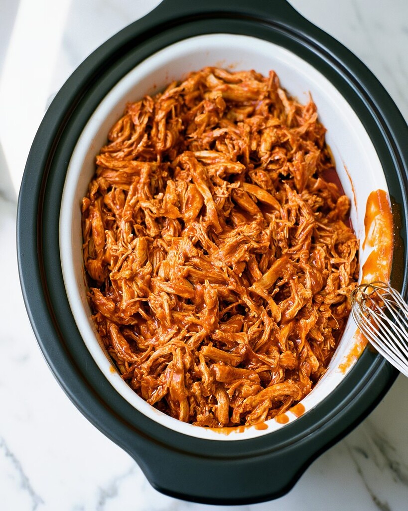 Shredded chicken tossed and coated in a thick, glossy reddish-orange Cajun garlic butter sauce inside the slow cooker
