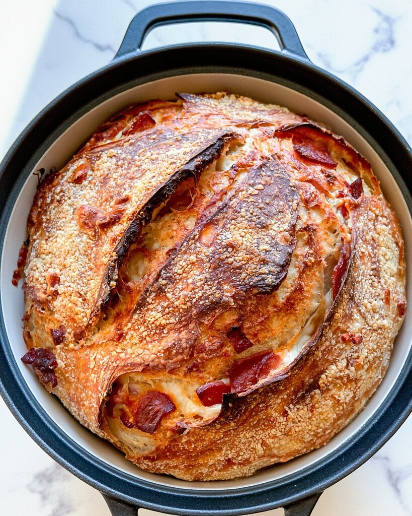 A freshly baked sourdough loaf inside a cast-iron Dutch oven with a dark golden parmesan crust