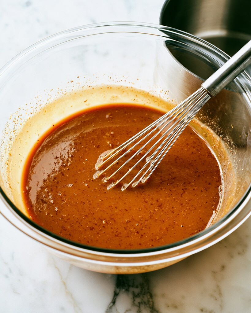 Glossy amber mixture of browned butter and honey in a glass bowl with a whisk