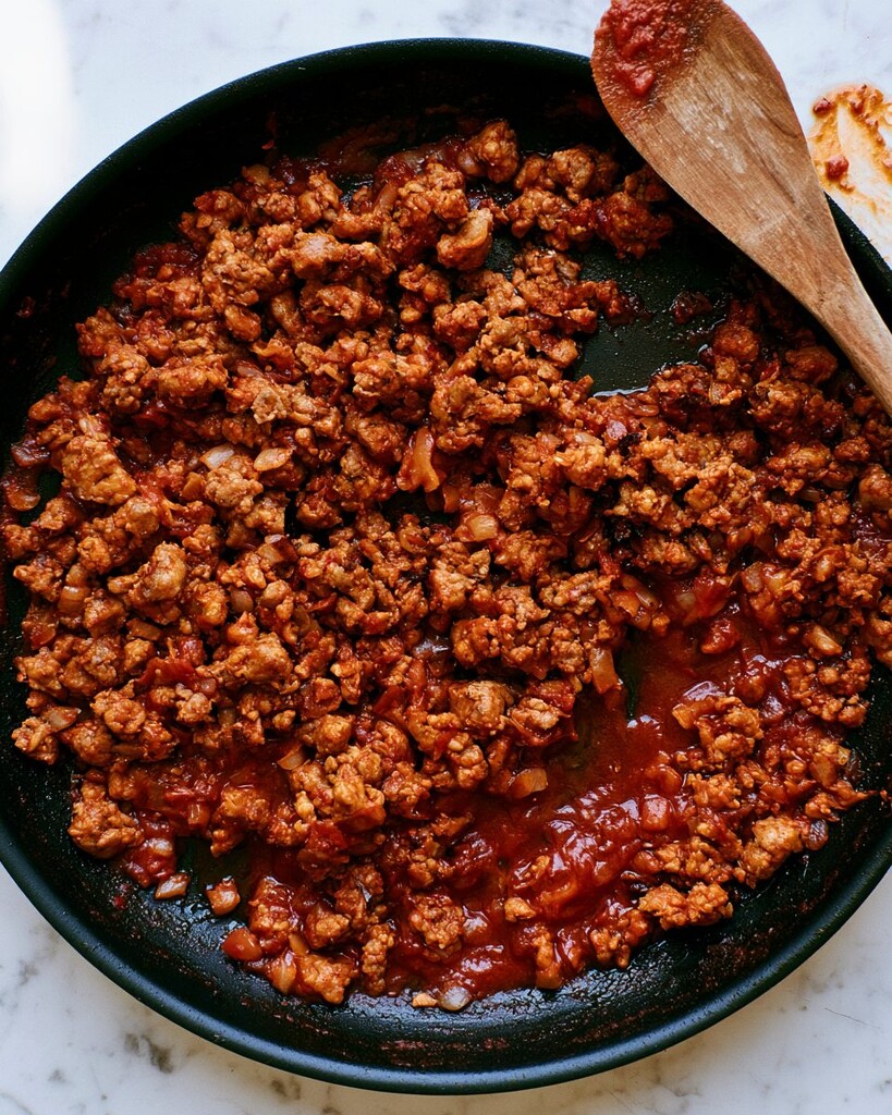 Thick red meat sauce with browned sausage simmering in a black skillet