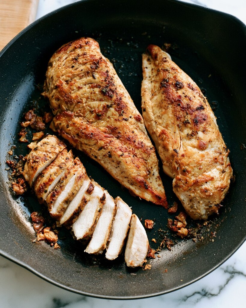 Golden brown chicken cutlets searing in a black skillet