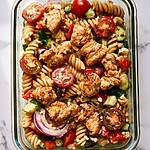 Greek Chicken Pasta Salad Meal Prep Bowls (4 Days of Crisp Lunches) Glass meal prep bowl filled with Greek chicken pasta salad topped with roasted chicken and cherry tomatoes