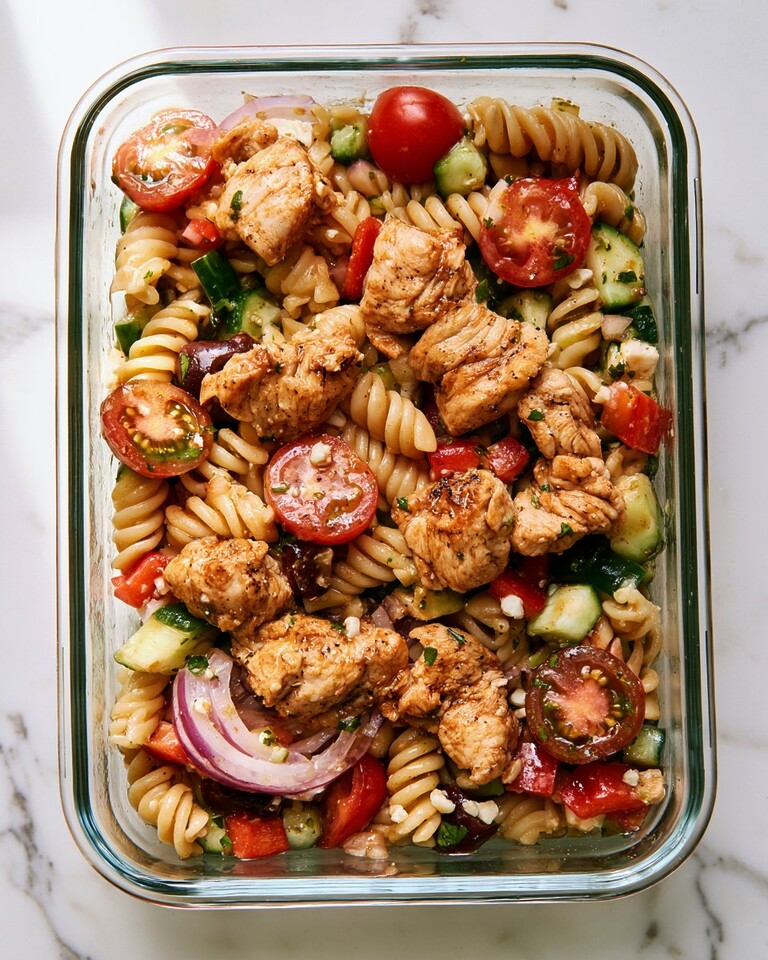 Greek Chicken Pasta Salad Meal Prep Bowls (4 Days of Crisp Lunches) Glass meal prep bowl filled with Greek chicken pasta salad topped with roasted chicken and cherry tomatoes