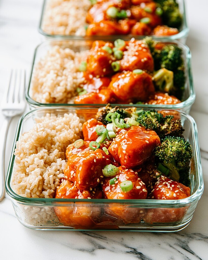 Three glass rectangular containers filled with the final honey-sriracha chicken, broccoli, and brown rice