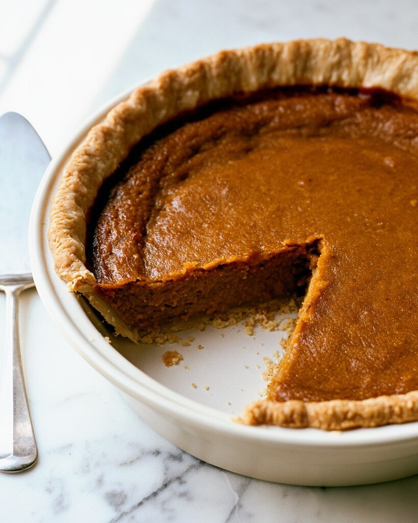 Brown butter apple butter pie baked in a white ceramic dish revealing a firm brown custard and golden crust