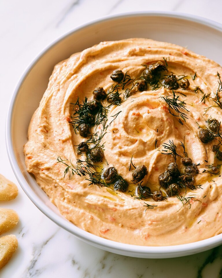 Smoked Salmon Mousse with Crispy Capers Creamy orange smoked salmon mousse in a white bowl garnished with crispy capers and fresh dill