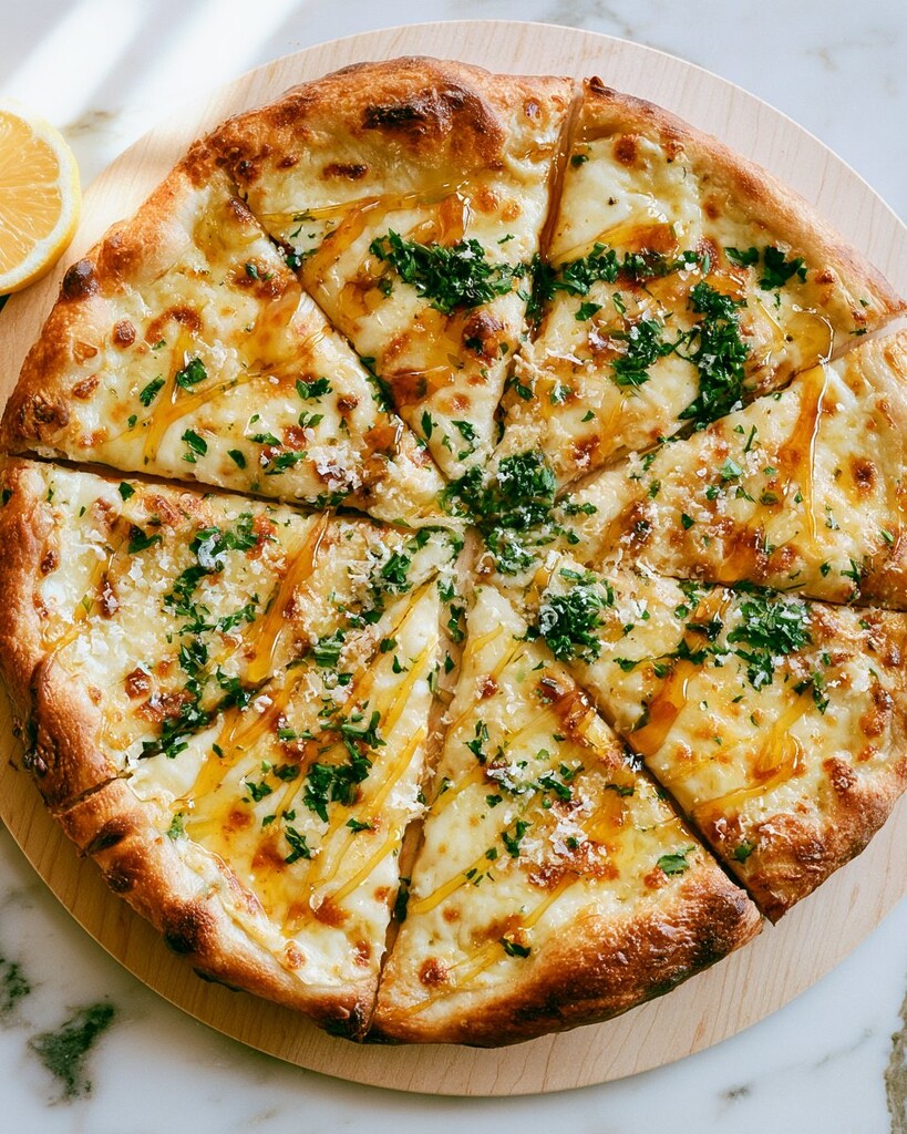 Baked hot honey lemon pizza cut into slices on a wooden board with melted cheese, parsley, and gleaming honey