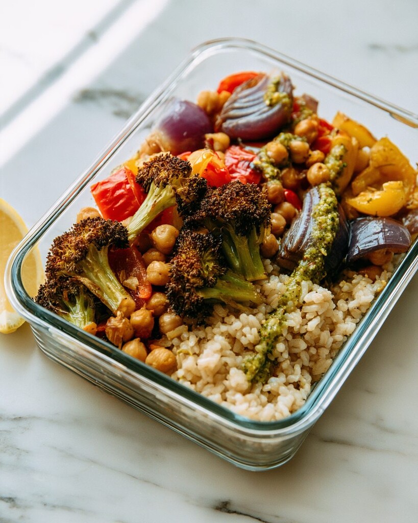 Glass meal prep bowl holding brown rice topped with roasted broccoli, bell peppers, onions, chickpeas, and a drizzle of pesto