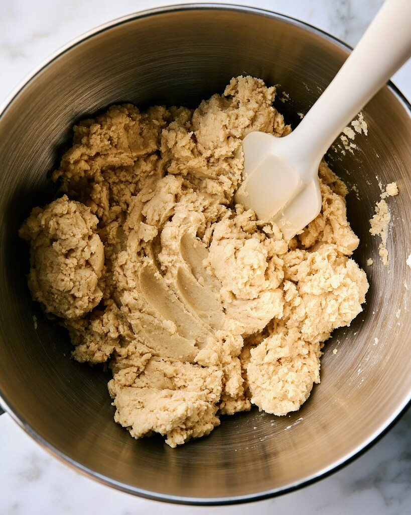 Thick shortcake dough gathered in a metal mixing bowl with a white spatula