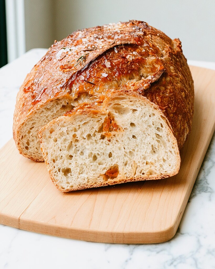 Sliced roasted garlic bread showing a soft, airy crumb and golden blistered crust