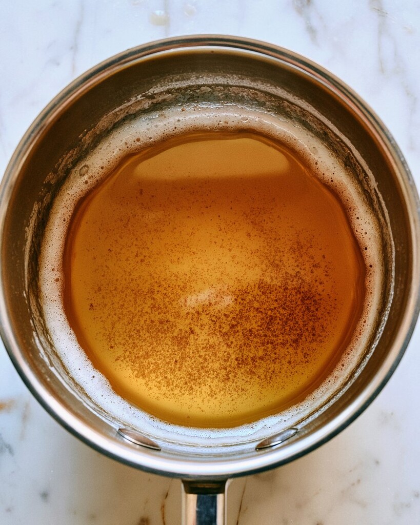 Melted butter foaming in a small saucepan with toasted brown specks visible