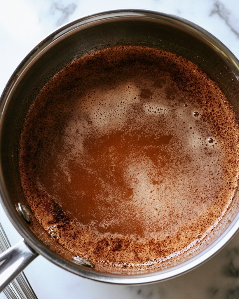Melted brown butter with fine bubbles and dark specks in a metal saucepan
