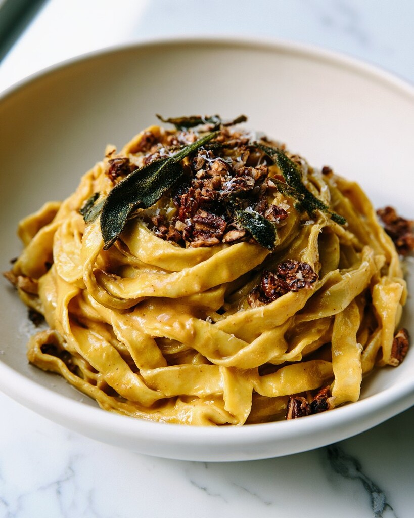 Warm pumpkin alfredo served in a deep bowl with crispy sage and toasted pecans