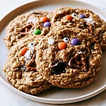 Flaky Salt Halloween Monster Cookies decorated with candy and sugar eyes on a light round plate