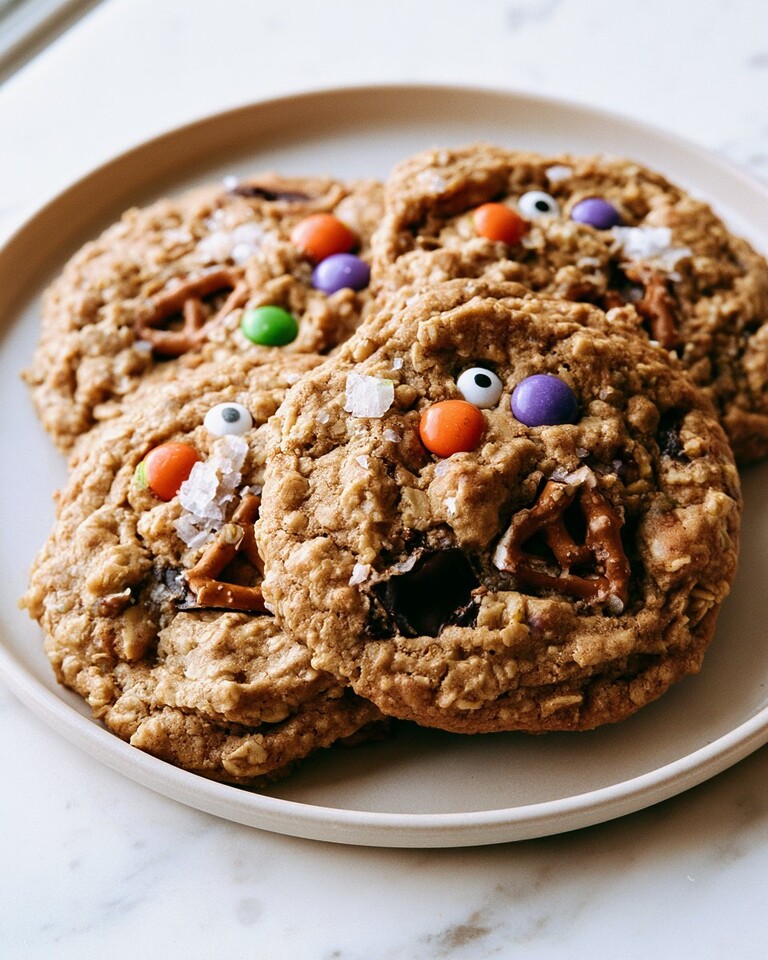 Thick and Chewy Flaky Salt Halloween Monster Cookies Flaky Salt Halloween Monster Cookies decorated with candy and sugar eyes on a light round plate