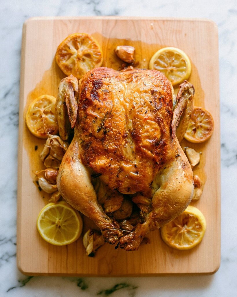 Garlic herb roast chicken resting on a wooden board next to lemon halves