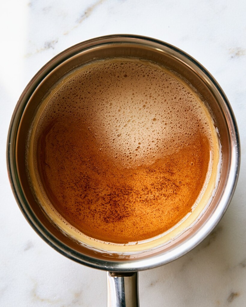 Foaming golden brown butter melting in a small metal saucepan