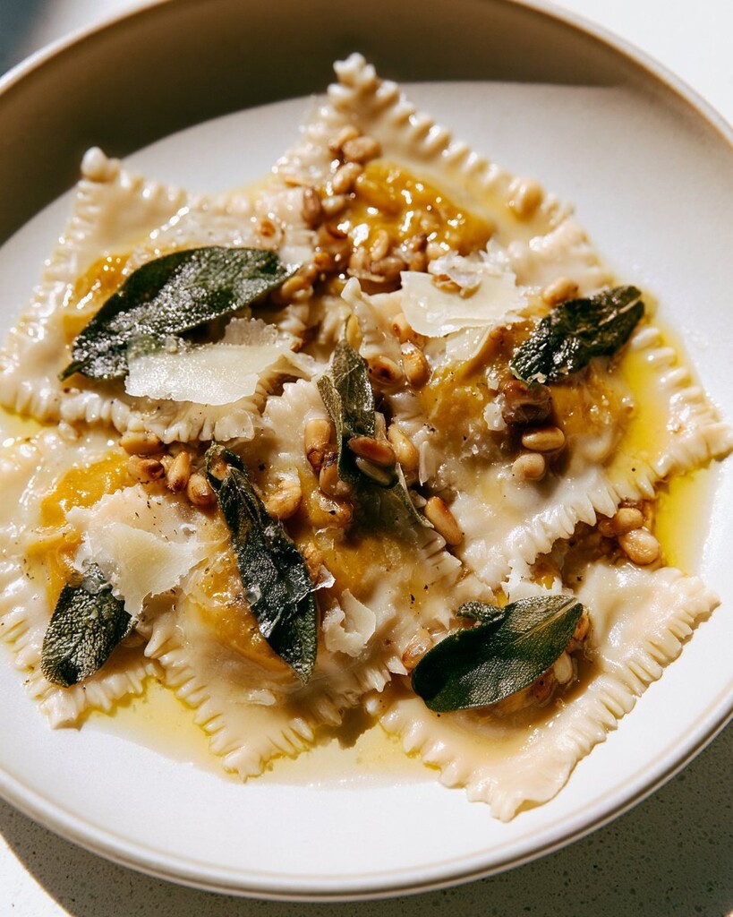 Pumpkin wonton ravioli topped with crispy sage leaves and pine nuts in a glossy brown butter sauce