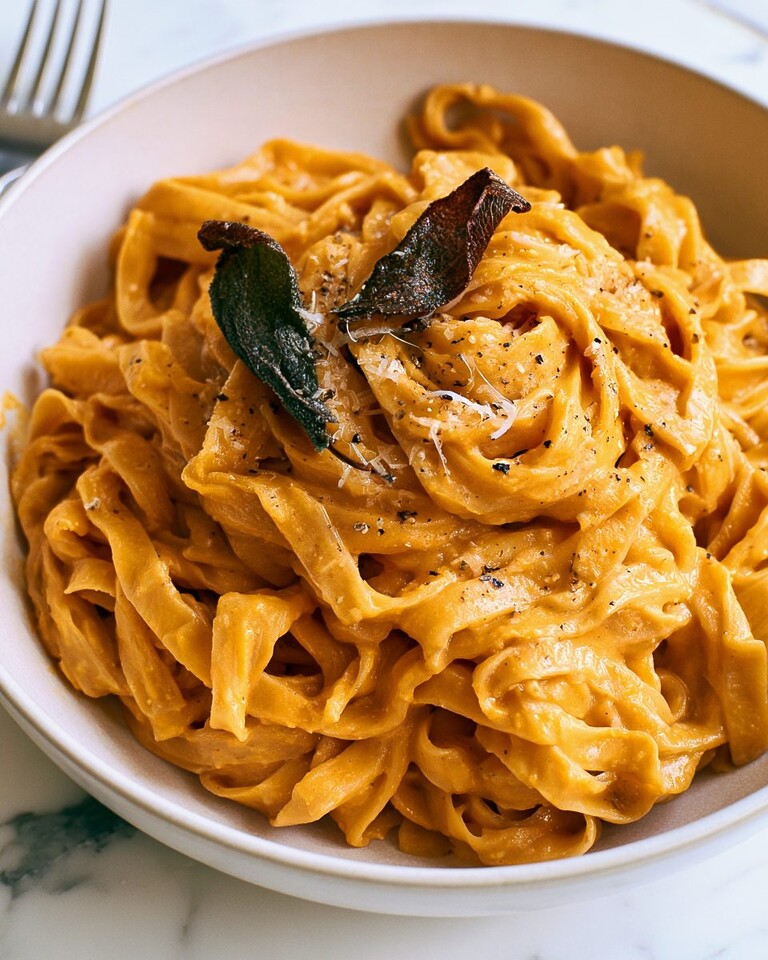 Brown Butter Sage Butternut Alfredo Fettuccine alfredo with bright orange butternut sauce topped with crispy sage and pepper in a light bowl