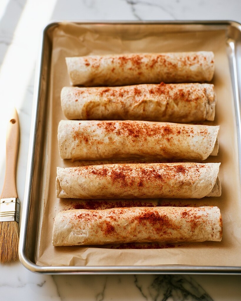Raw rolled beef taquitos lined up on a parchment-lined baking sheet, dusted with red chili-lime seasoning before baking.