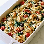 Greek Chicken and Orzo Casserole with Crispy Panko Baked Greek chicken and orzo casserole topped with golden panko, fresh basil, and roasted cherry tomatoes in a white dish
