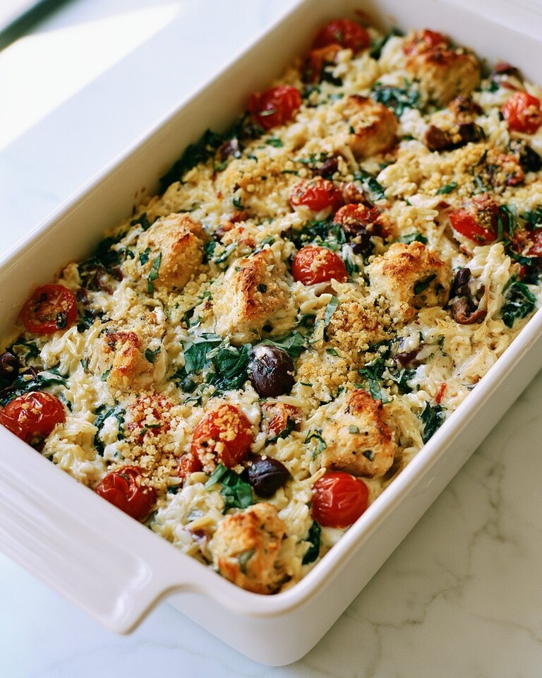 Greek Chicken and Orzo Casserole with Crispy Panko Baked Greek chicken and orzo casserole topped with golden panko, fresh basil, and roasted cherry tomatoes in a white dish