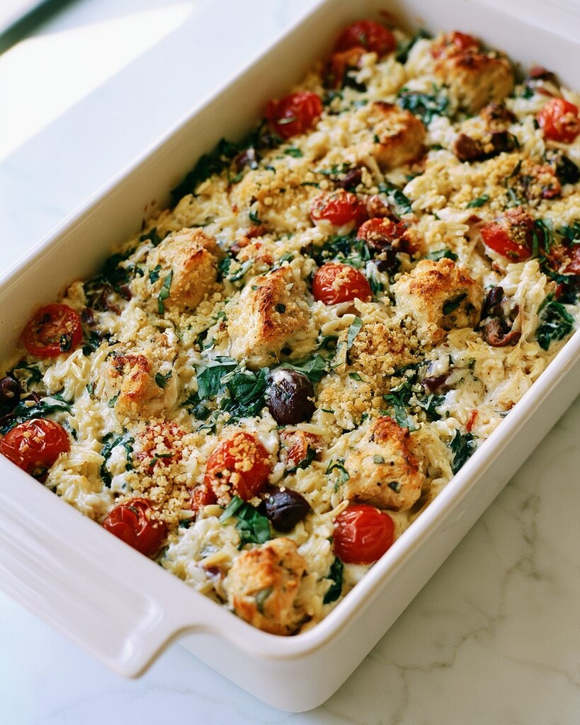 Baked Greek chicken and orzo casserole topped with golden panko, fresh basil, and roasted cherry tomatoes in a white dish