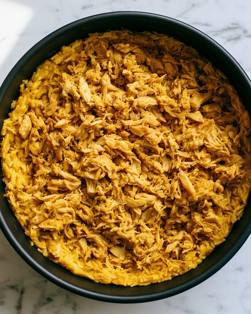 Shredded chicken arranged over yellow saffron rice inside a round black cake pan