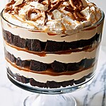 Make-Ahead Salted Caramel Brownie Trifle Salted caramel brownie trifle with layers of cheesecake mousse and crushed pretzels
