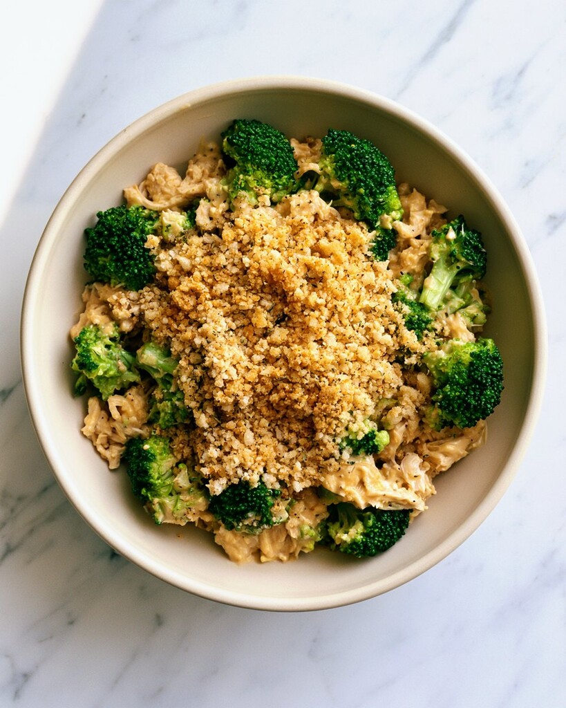 Creamy chicken and broccoli in a shallow bowl, heavily coated in a rich cheddar sauce and golden breadcrumbs