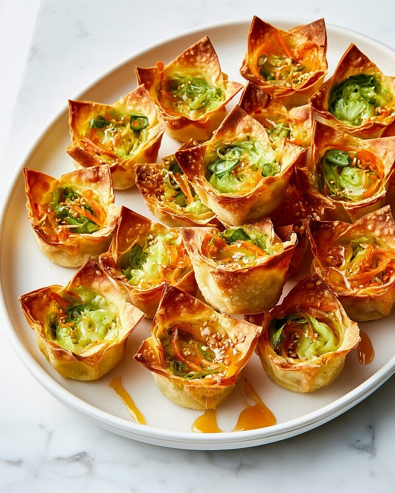 Crispy Hot Honey Cabbage Dumpling Cups Golden baked wonton cups on a white plate drizzled with hot honey and topped with scallions