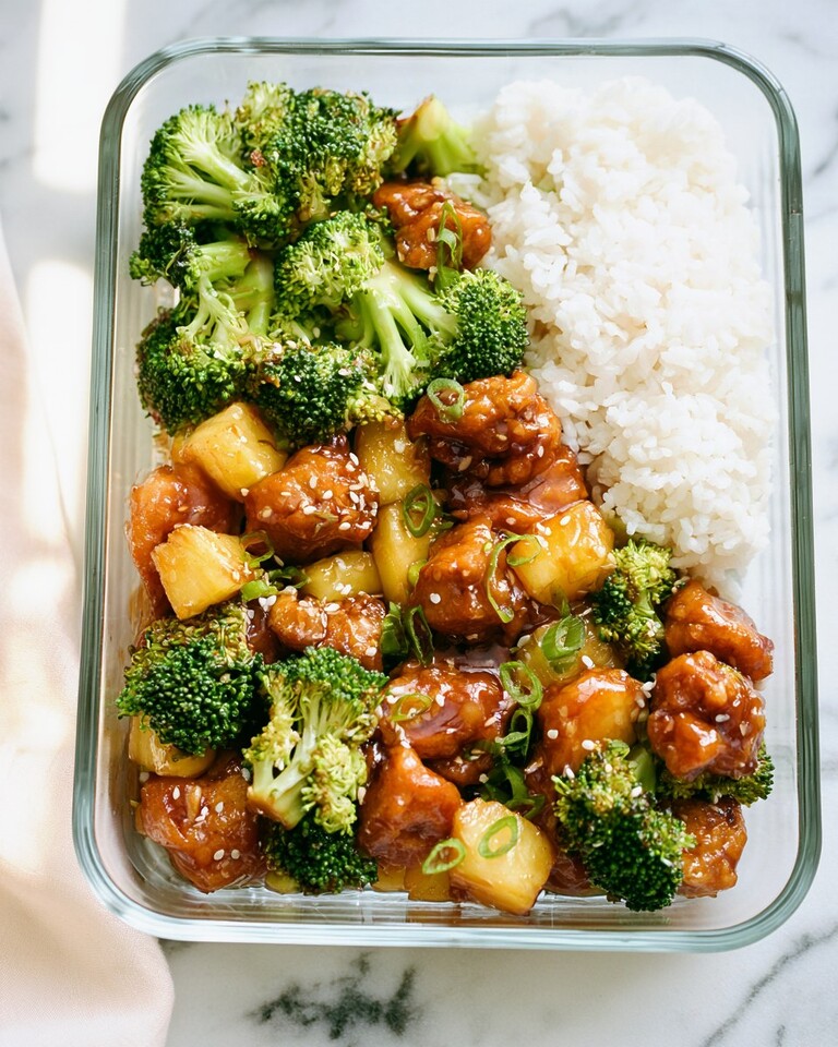 One-Pan Sweet Chili Chicken Meal Prep Bowls Glass bowl filled with sweet chili chicken, pineapple chunks, broccoli florets, and coconut rice