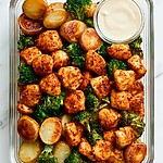 Dry-Rubbed Ranch Chicken Meal Prep Bowls (No Soggy Crust) : Plated dry-rubbed ranch chicken meal prep bowl with parmesan roasted potatoes, broccoli, and a side of dressing