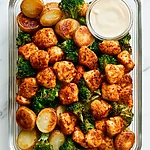 Dry-Rubbed Ranch Chicken Meal Prep Bowls (No Soggy Crust) : Plated dry-rubbed ranch chicken meal prep bowl with parmesan roasted potatoes, broccoli, and a side of dressing