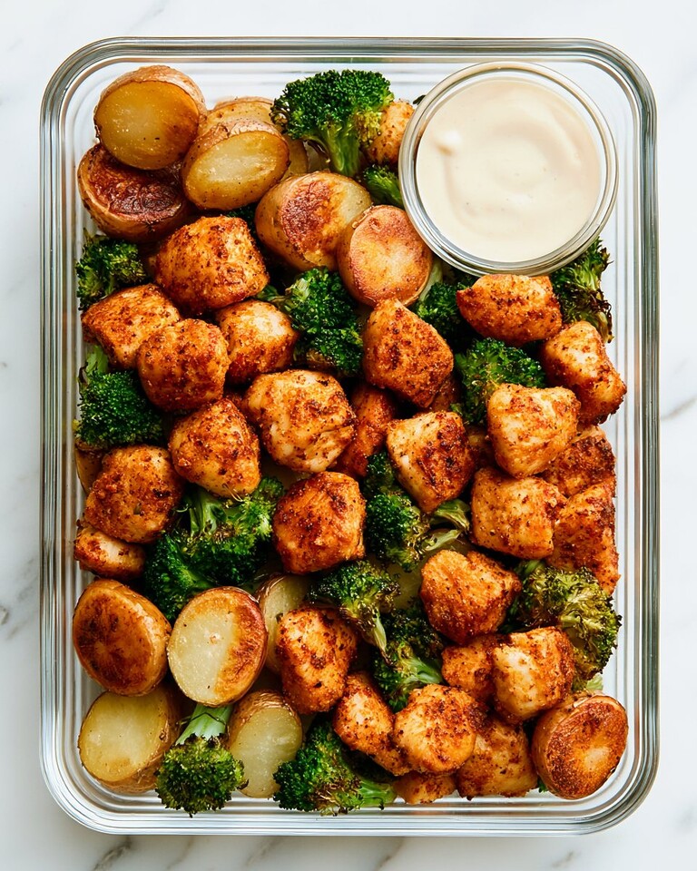 Dry-Rubbed Ranch Chicken Meal Prep Bowls (No Soggy Crust) : Plated dry-rubbed ranch chicken meal prep bowl with parmesan roasted potatoes, broccoli, and a side of dressing