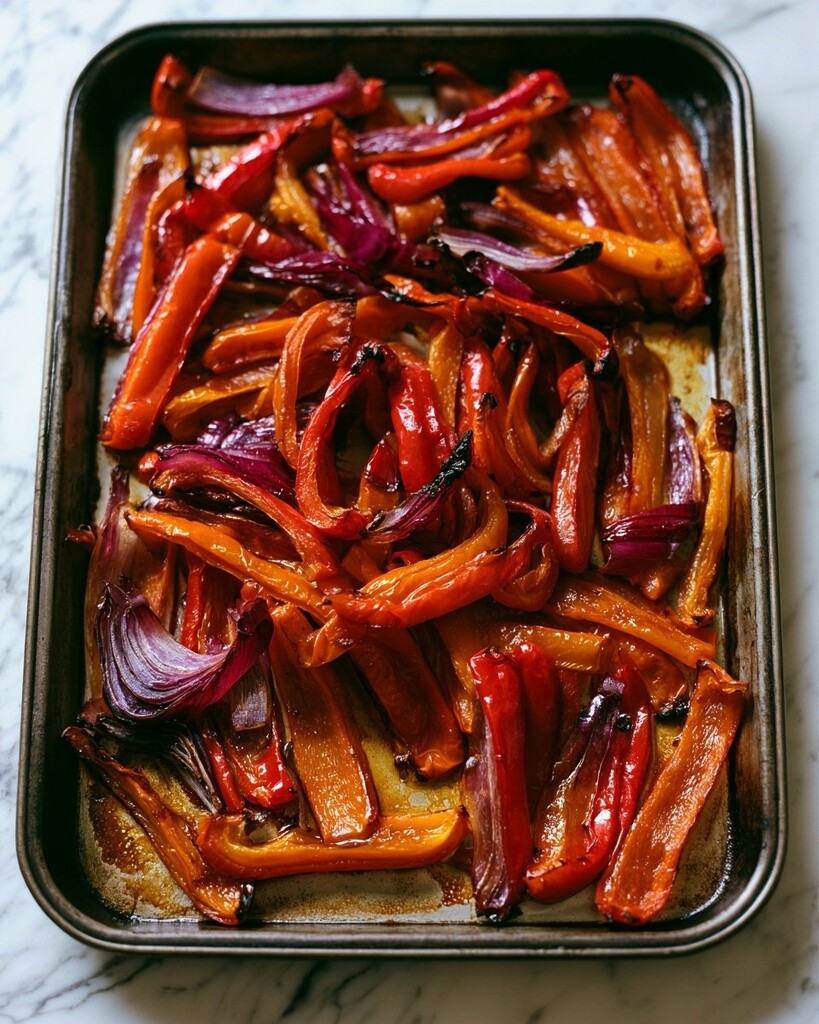 Sliced red onion and bell peppers roasting on a baking sheet with dark caramelized edges