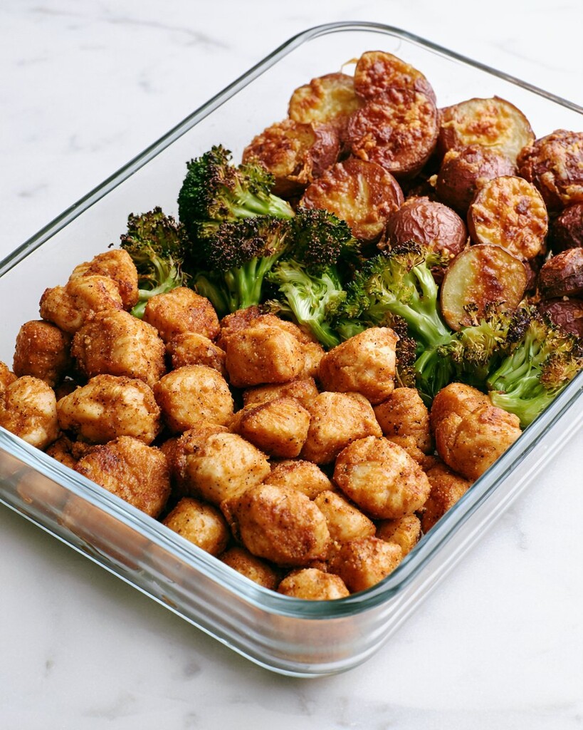 Arranging the ranch chicken, potatoes, and broccoli into a glass meal prep container