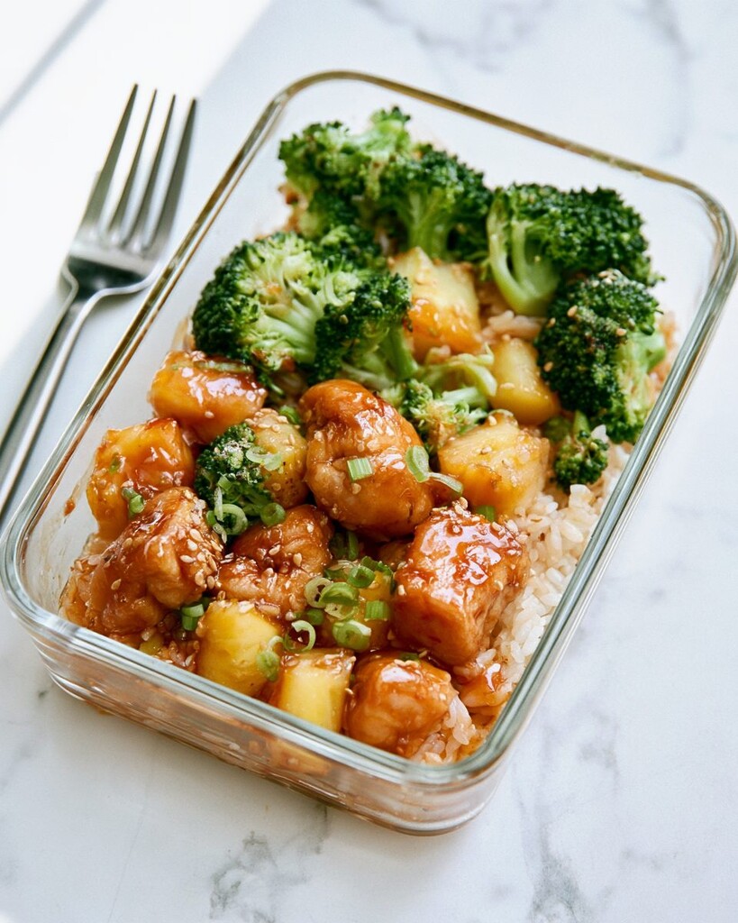 Sweet chili chicken arranged over coconut rice with broccoli, pineapple, sesame, and scallions in a glass bowl