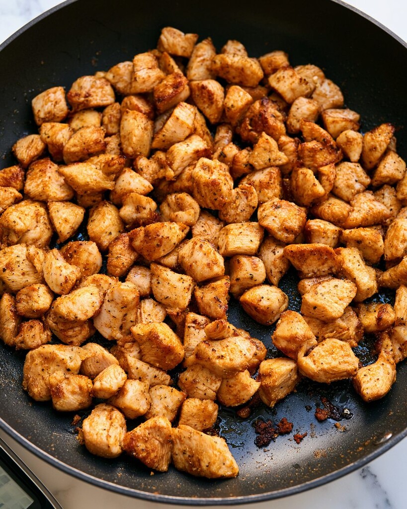 Cubed chicken pieces searing in a hot skillet with a browned dry ranch crust